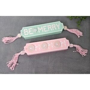 Pastel Pink Blue Donuts Christmas Wooden Block Sign 8.5" Christmas Tabletop 2 Pc